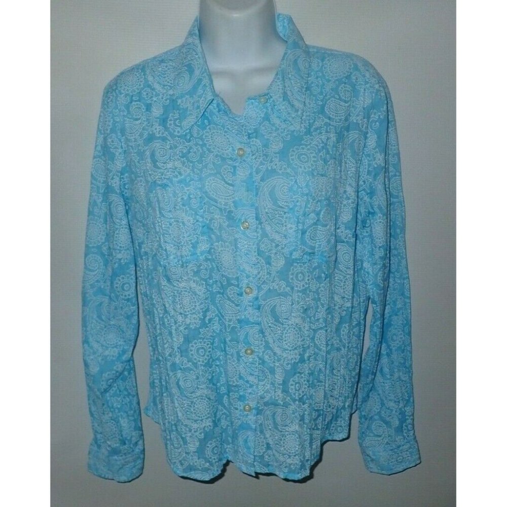 CrazyHorse Blouse Women L Blue Pleated Paisley‎ Casual Long Sleeve b21